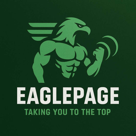 Logo de Eaglepage con un águila musculosa levantando pesas, simbolizando fuerza y superación.
