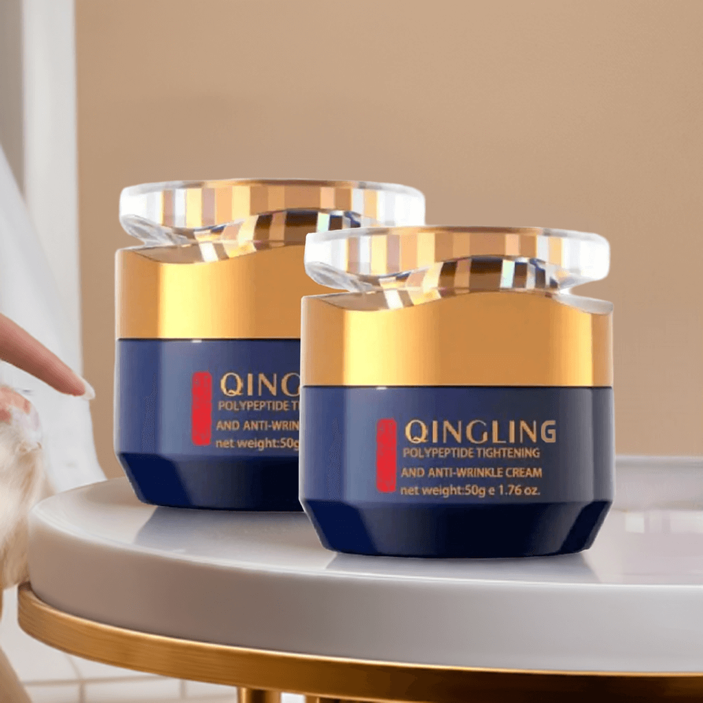 Qingling Polypeptide anti-wrinkle cream jars on a stylish table for youthful skin care.