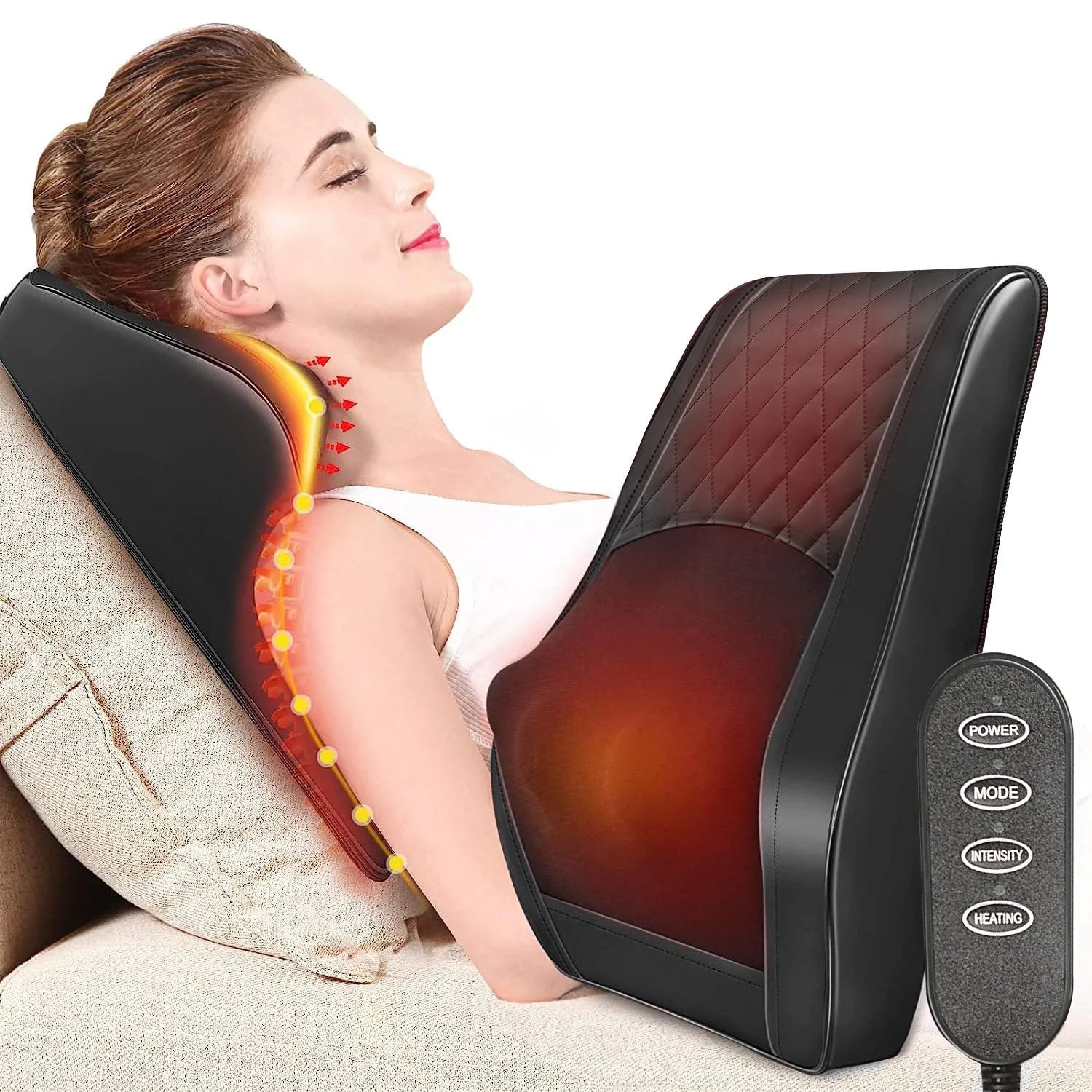 Personas disfrutando de la Almohada masajeadora de cuello y espalda calentada, incorporando el bienestar en su rutina diaria.