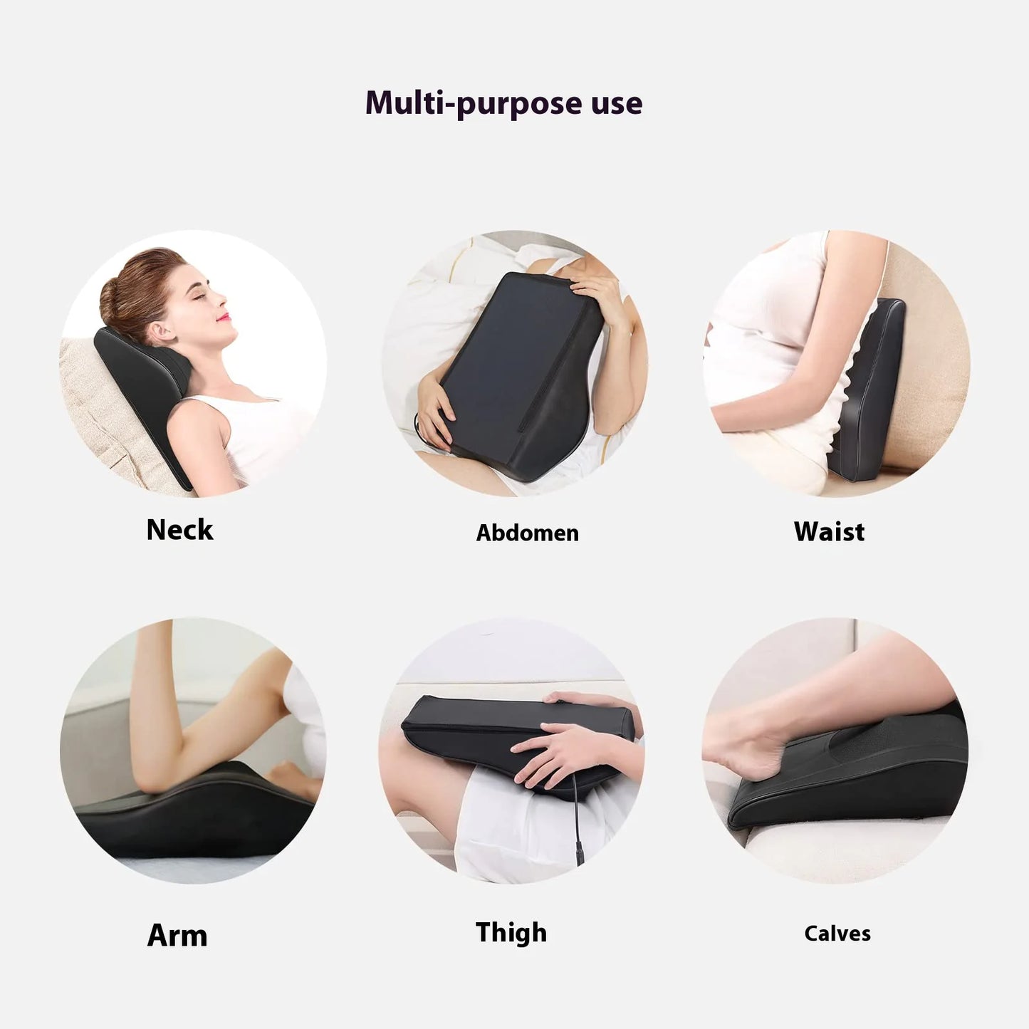 Detalles de la Almohada masajeadora de cuello y espalda, mostrando la tecnología Shiatsu que simula un masaje profesional.