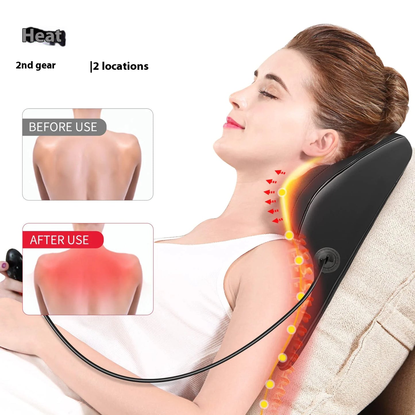 Almohada masajeadora de cuello acompañada de su función de calefacción, potenciando el alivio de la rigidez muscular y mejorando la circulación.